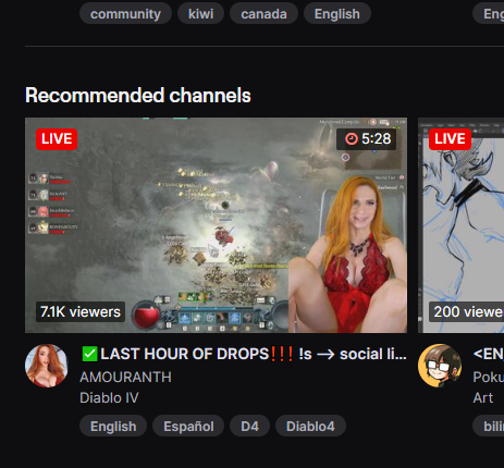 talung's tweet photo. So @Twitch please tell me again how you are not a CamGirl site?  I have never watched or follow any of these CamGirls yet they are always top recommended...  At least @KickStreamsLive is honest about themselves and actually treat their users better. https://t.co/MYx6I0qPzZ