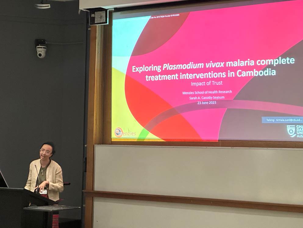KThriemer's tweet photo. Throwback to last week's @CDUni #HDRconference. Sarah @CassidySeyoum presenting part of her PhD on #vivax #radicalcure in Cambodia @MenziesResearch @MORUBKK https://t.co/i2MKXgOJJO