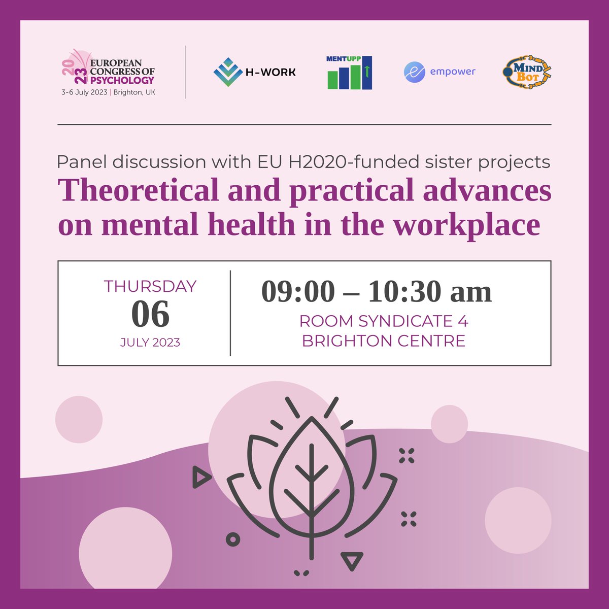 Theoretical and Practical Advances on Mental Health in the Workplace: this is the title of the panel we will participate in tomorrow at ECP2023 🎤

The H-WORK team will share the roundtable with our EU2020 funded sister projects: @Mindbot_EU, @eu_mentupp and @EmpowerPlatform 💡