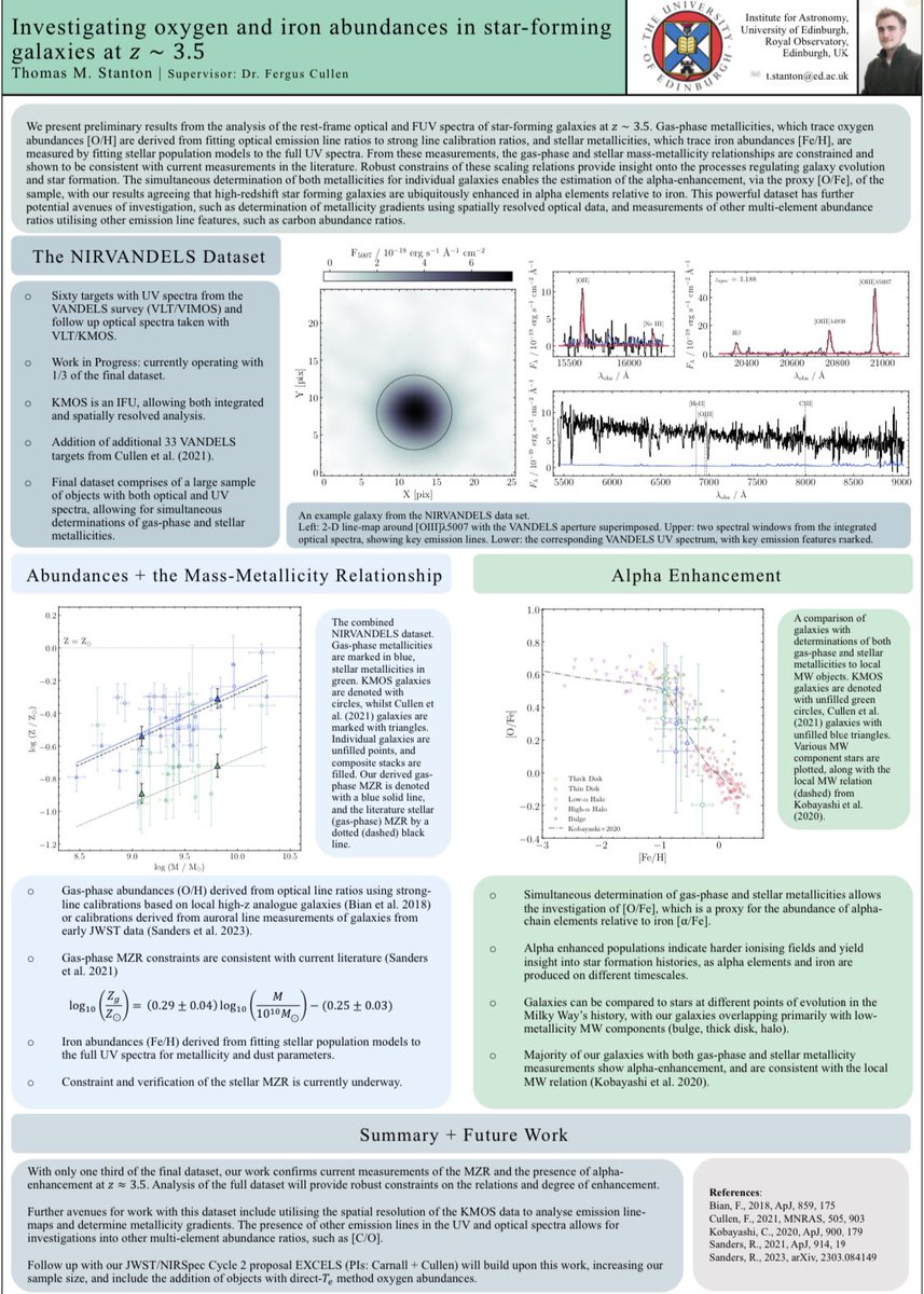 Excited to be presenting a poster at nam 2023, showing preliminary results from the joint analysis of rest-frame optical and UV spectra of star-forming galaxies at z~3.5, with the aim of investigating how oxygen/iron abundances scale with galaxy properties, and alpha enhancement.