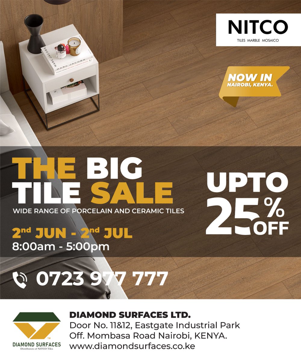 KefahMartin's tweet photo. Don't miss out on NITCO's tile extravaganza. Rush to our showroom today! @DiamondSurfaces #TileDesign #Nitcotiles #MondayMotivation #MainaAndKingangi Murang’a https://t.co/ec2DRK8Ni8