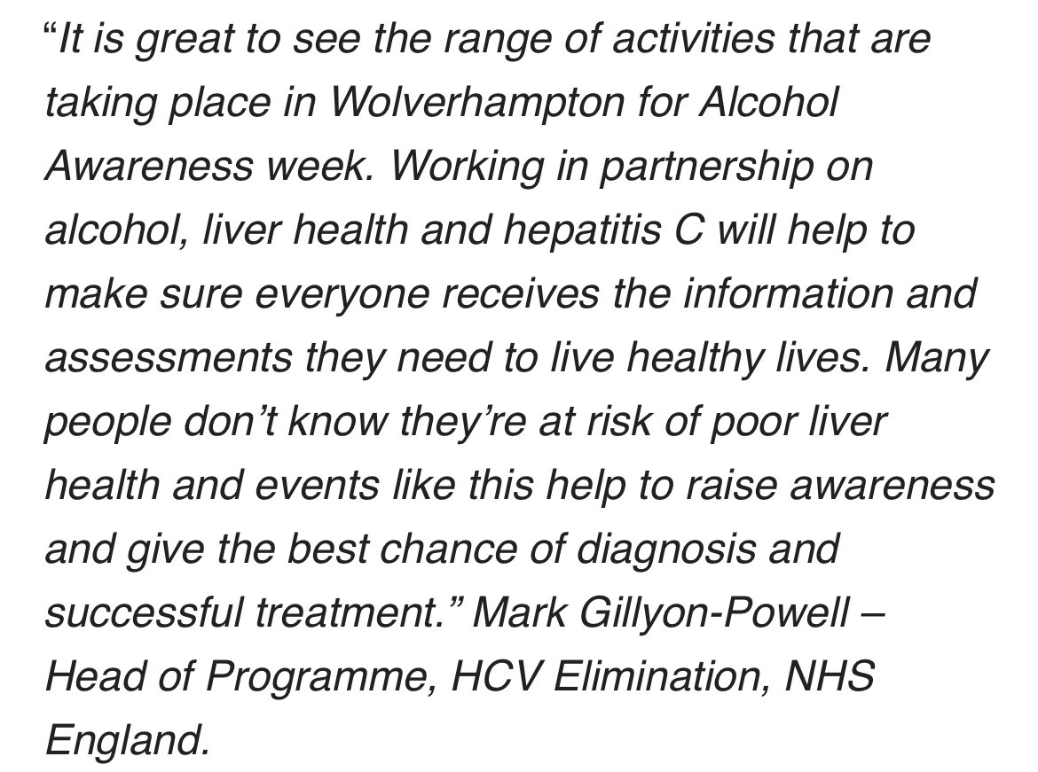 Alcohol Awareness Week is this week! See the below quote from Mark Gillyon-Powell – Head of Programme, HCV Elimination, NHS England.