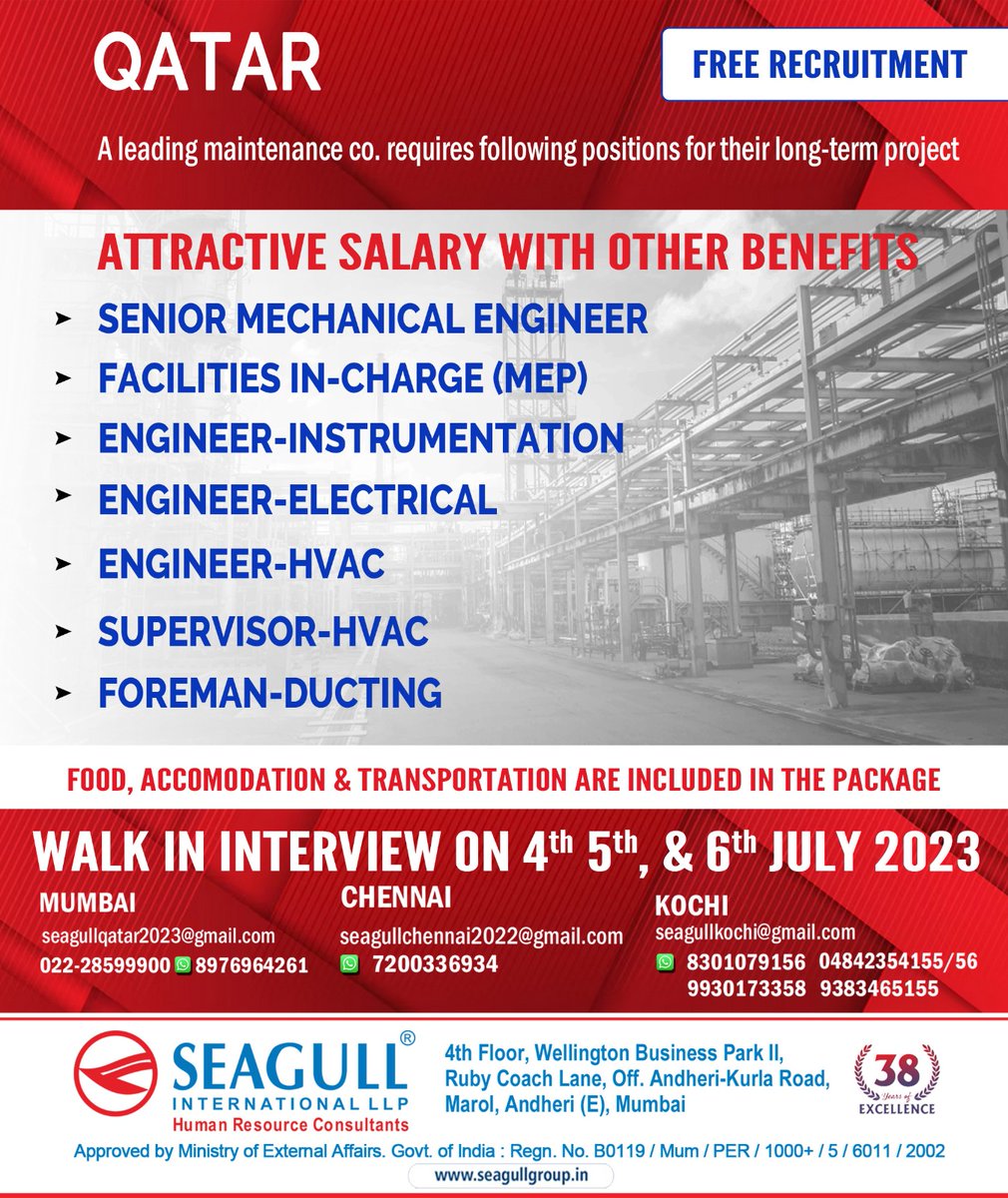 hrd1_seagull's tweet photo. QATAR JOBS - FREE RECRUITMENT
LONG TERM PROJECT
WALK IN INTERVIEW ON 4th, 5th &amp; 6th JULY 2023
LOCATION- MUMBAI,CHENNAI,KOCHI

.

.

.

#qatarjobs #mumbaijobs #chennaijobs #kochijobs #seniormechanicalengineer #engineerelectrical #supervisorhvac https://t.co/LKK832EPkU