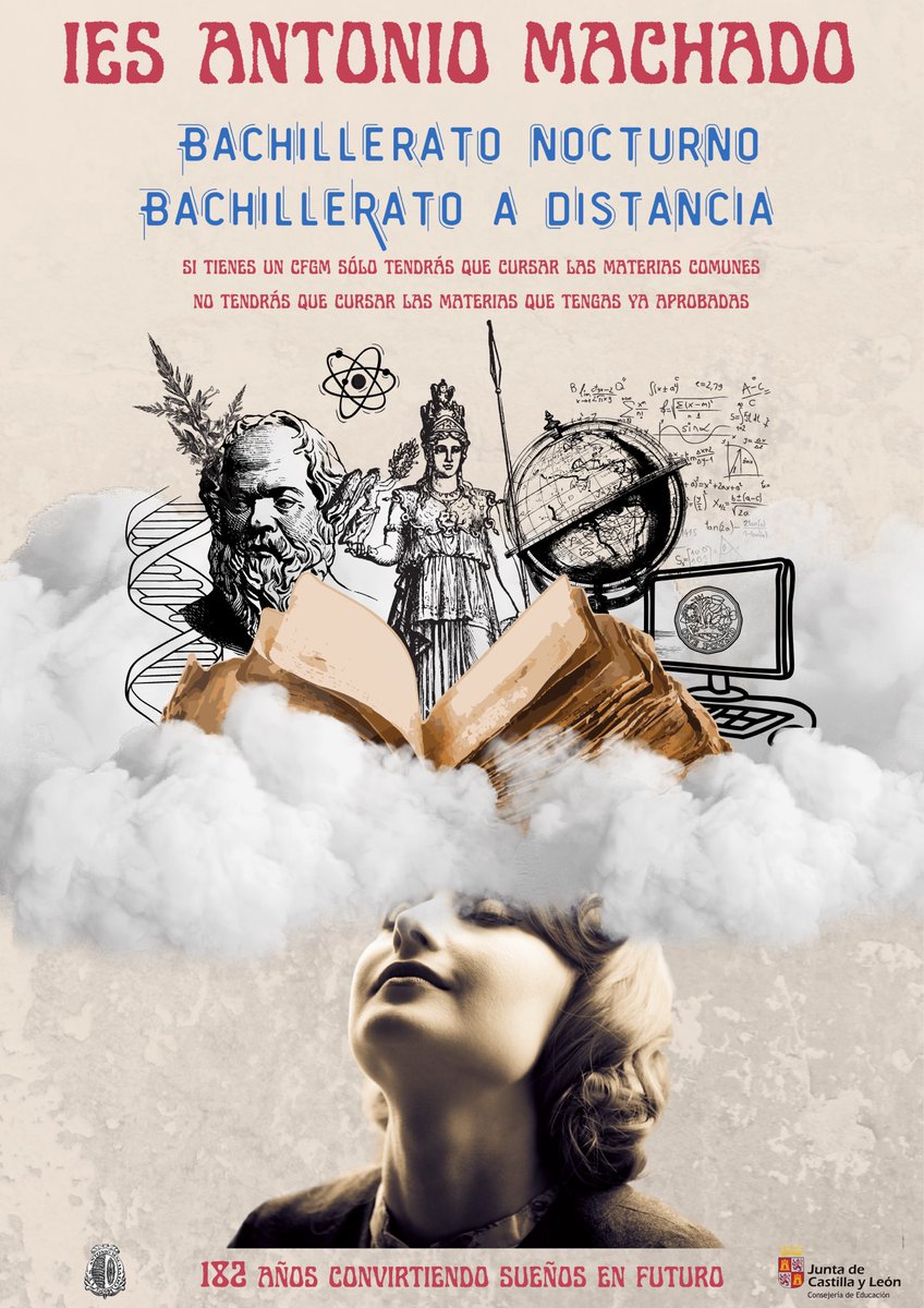 iesmachado's tweet photo. Plazo de matrícula abierta para Bachillerato nocturno y a distancia. Ven a convertir tus sueños en tu futuro #somosnocturnos #182años 
@Ayto_Soria @cjuventudsoria @CepaCeltiberia @CepaElCamino https://t.co/MYw7CIAzxM
