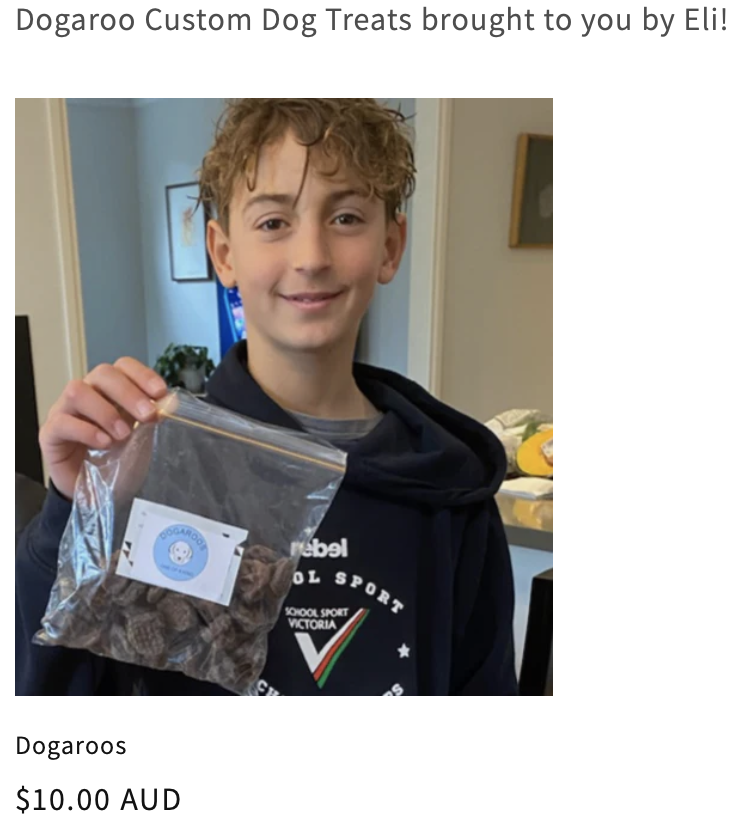 Our first 'beta' customer is up and running with his custom line of Dogaroo Treats! Congratulations Levi!!!

To find out how to unlock your child's inner entrepreneur, email our team at:  info@firstpivot.com.au
#entrepreneur #education #learning #students #schoolholidaysmelbourne
