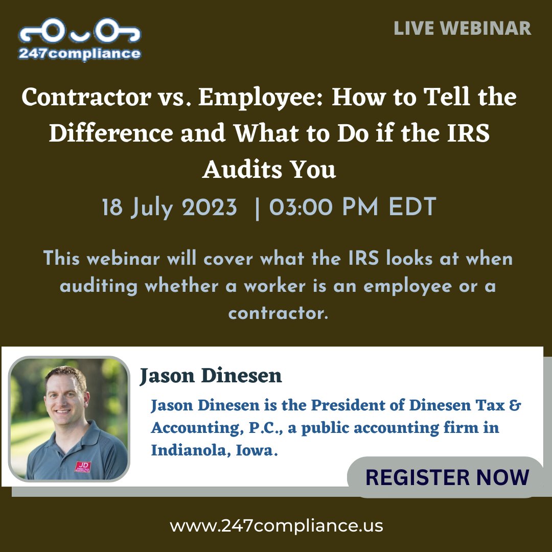 This webinar will help you tell the difference between a contractor and an employee and what to do if the IRS audits your business.

Join this webinar to learn more - lnkd.in/gZkzBW-8

#webiinar #livewebinar  #training #contractor #irsaudit #payroll #payrollprofessionals