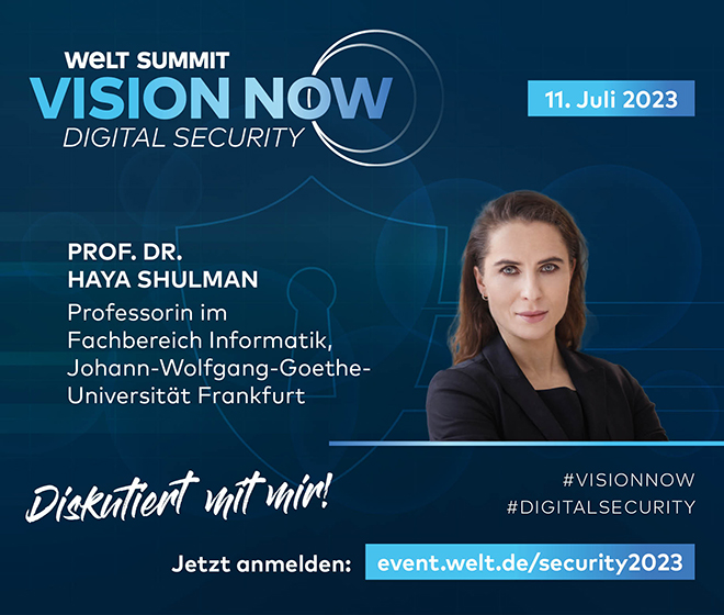 ATHENECenter's tweet photo. Athene-Wissenschaftlerin Prof. Haya Shulman ist am 11. Juli #Speakerin auf der @welt #Summit #VisionNow #DigitalSecurity.
Die Anmeldung finden Sie hier: https://t.co/0feigoKOeg https://t.co/1NxginG19u