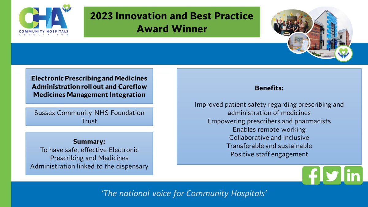 We are delighted to be able to announce our 2023 Innovation and Best Practice Award Winners - you can find out more about their winning work on EPMA roll out and Careflow Medicines Management Integration on our website: communityhospitals.org.uk/quality-improv…