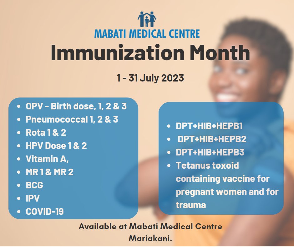 MrmSafal's tweet photo. Happening this month: July is Immunization month at the Mabati Medical Centre.
"True prevention is not waiting for bad things to happen, it's preventing things from happening in the first place."
#vaccine #immunization #prevention #Awareness https://t.co/RGfXc7gxO8