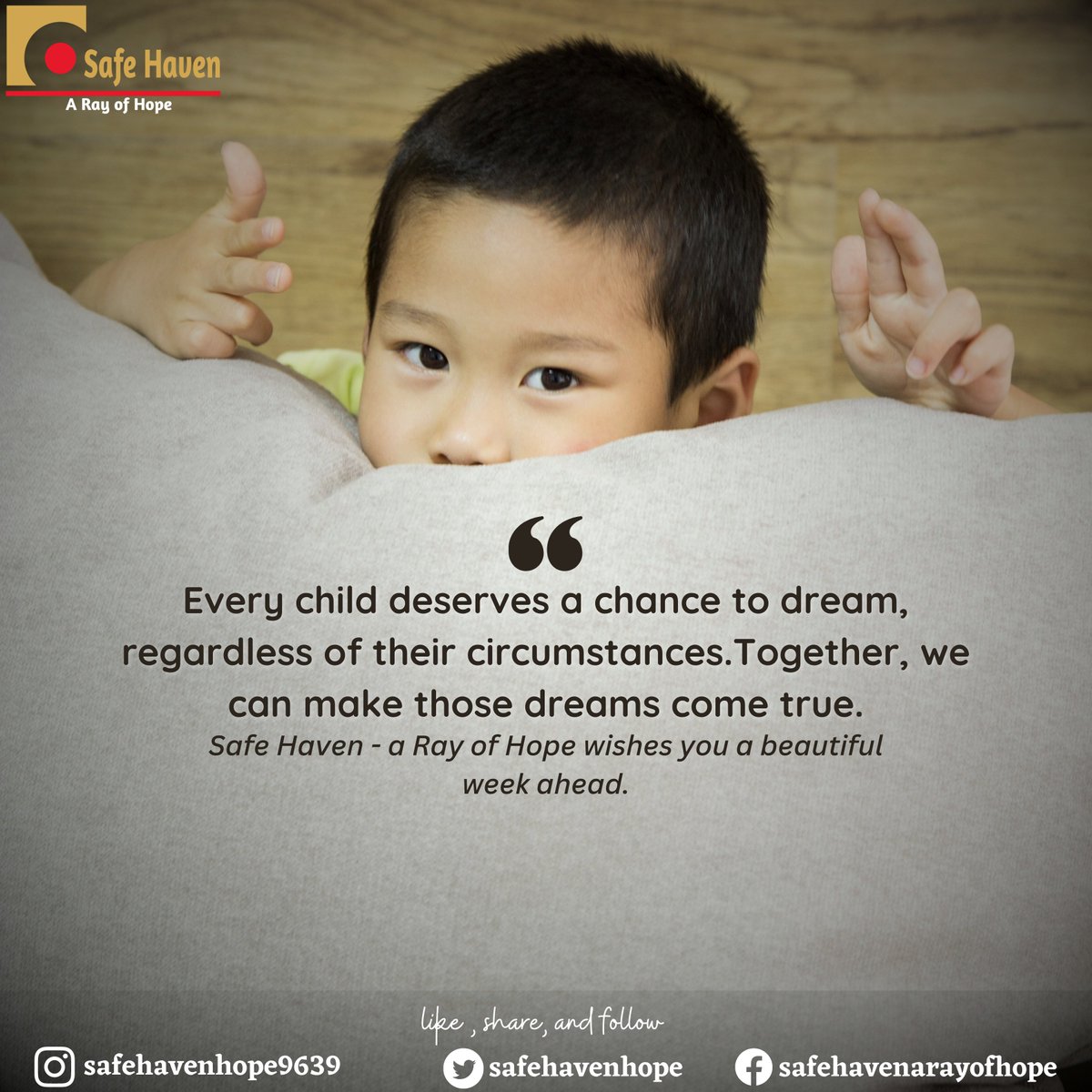 Safehavenhope's tweet image. 🌟 Every child deserves a chance to dream, regardless of their circumstances. Together, we can make those dreams come true. 💫
Safe Haven - a Ray of Hope wishes you a beautiful week ahead. 🌈

#DreamsComeTrue #EveryChildDeservesAChance  #BeautifulWeekAhead #MakeADifference