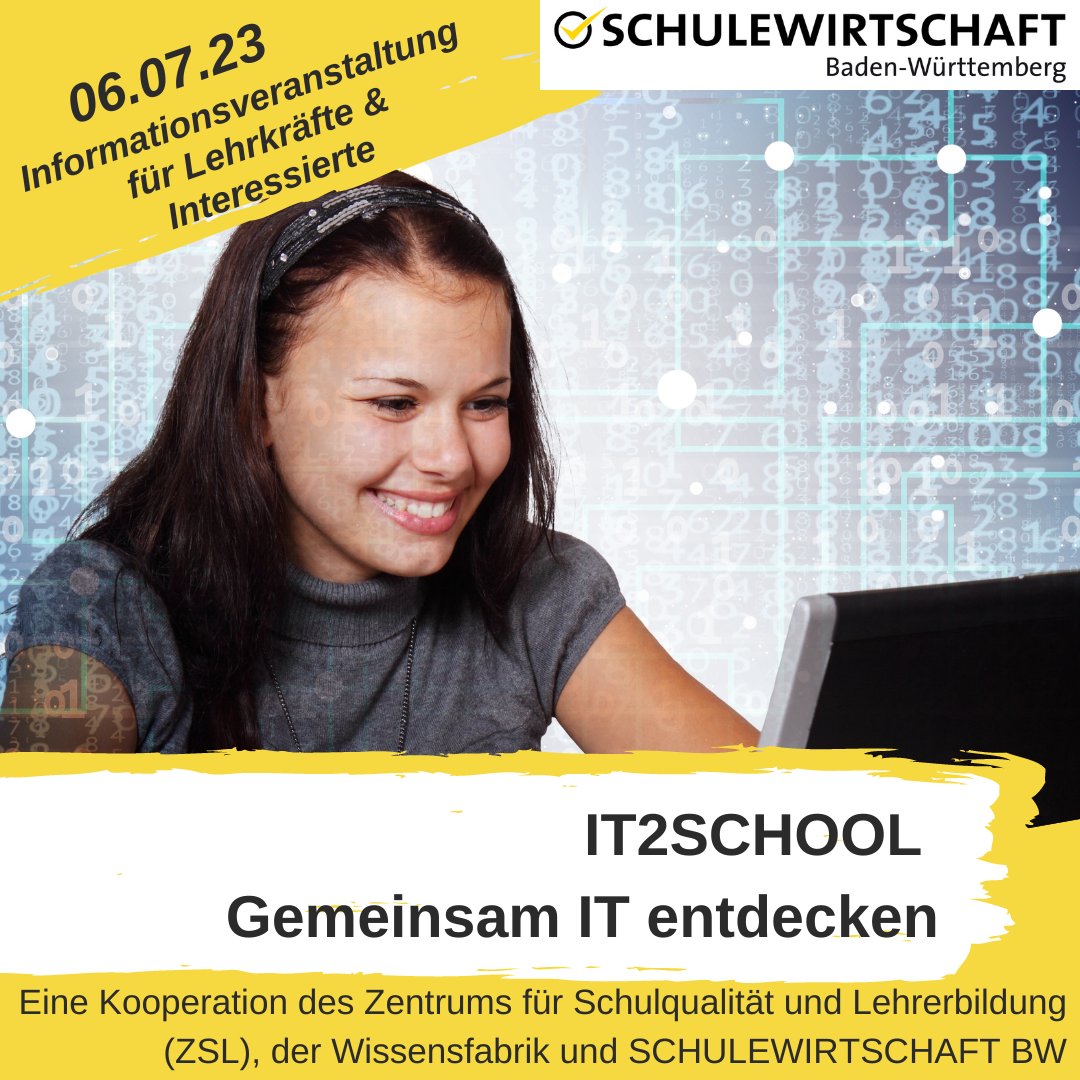 IT2School - Gemeinsam IT entdecken! Ab dem Schuljahr 2023/2024 können #Schulen in @thelaend das neue Projekt nutzen, um für IT zu begeistern. Lehrkräfte, Eltern &amp; Interessierte sind herzlich zur 2. Infoveranstaltung geladen 👉6.07. bit.ly/44v43Jc <a href="/KM_BW/">Kultusministerium BW</a> #edubw #eduMINT