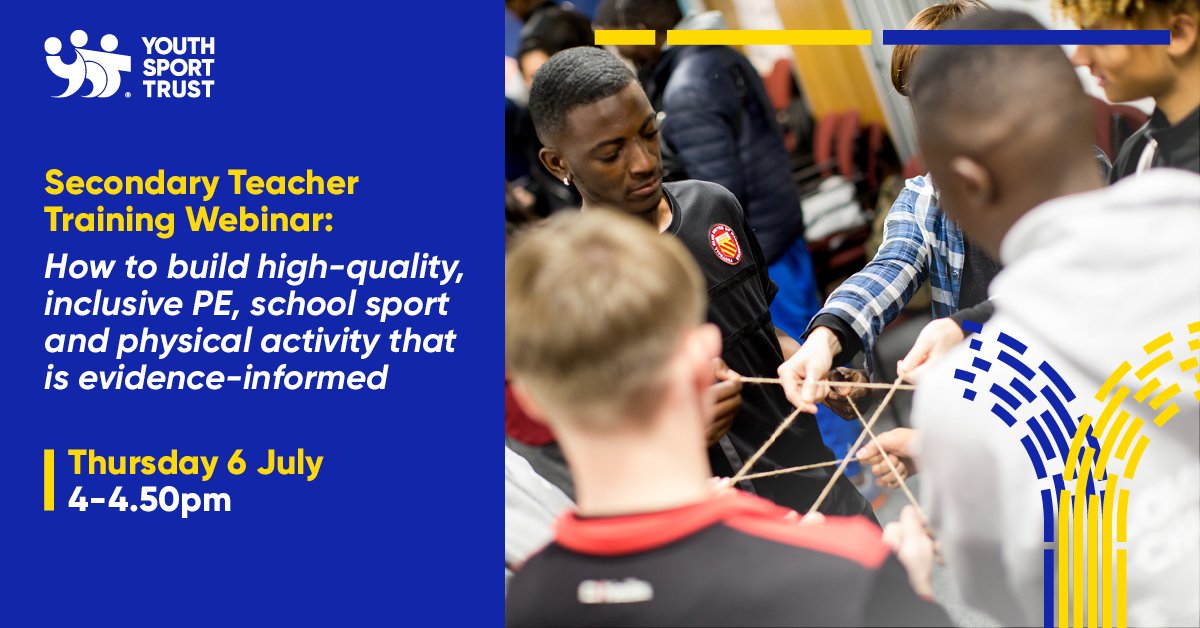Youth Sport Trust (@youthsporttrust) on Twitter photo Join the <a href="/Sport_England/">Sport England</a> Secondary Teacher Training webinar: How to build high-quality, inclusive PE, school sport and physical activity that is evidence-informed.
๐
Thursday 6 July - 4-4:50pm youthsporttrust.my.site.com/YST_EventRedirโฆ Join the <a href="/Sport_England/">Sport England</a> Secondary Teacher Training webinar: How to build high-quality, inclusive PE, school sport and physical activity that is evidence-informed.
๐
Thursday 6 July - 4-4:50pm youthsporttrust.my.site.com/YST_EventRedirโฆ