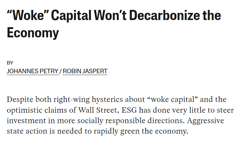 Based on our recent @RegGov_journal article, Robin Jaspert & I wrote a piece for @jacobin on why #ESG won't #decarbonise the economy. 
TLDR: the sustainability impact of ESG funds is negligible & we therefore need to rethink how to tackle #climatecrisis
 jacobin.com/2023/07/woke-c…