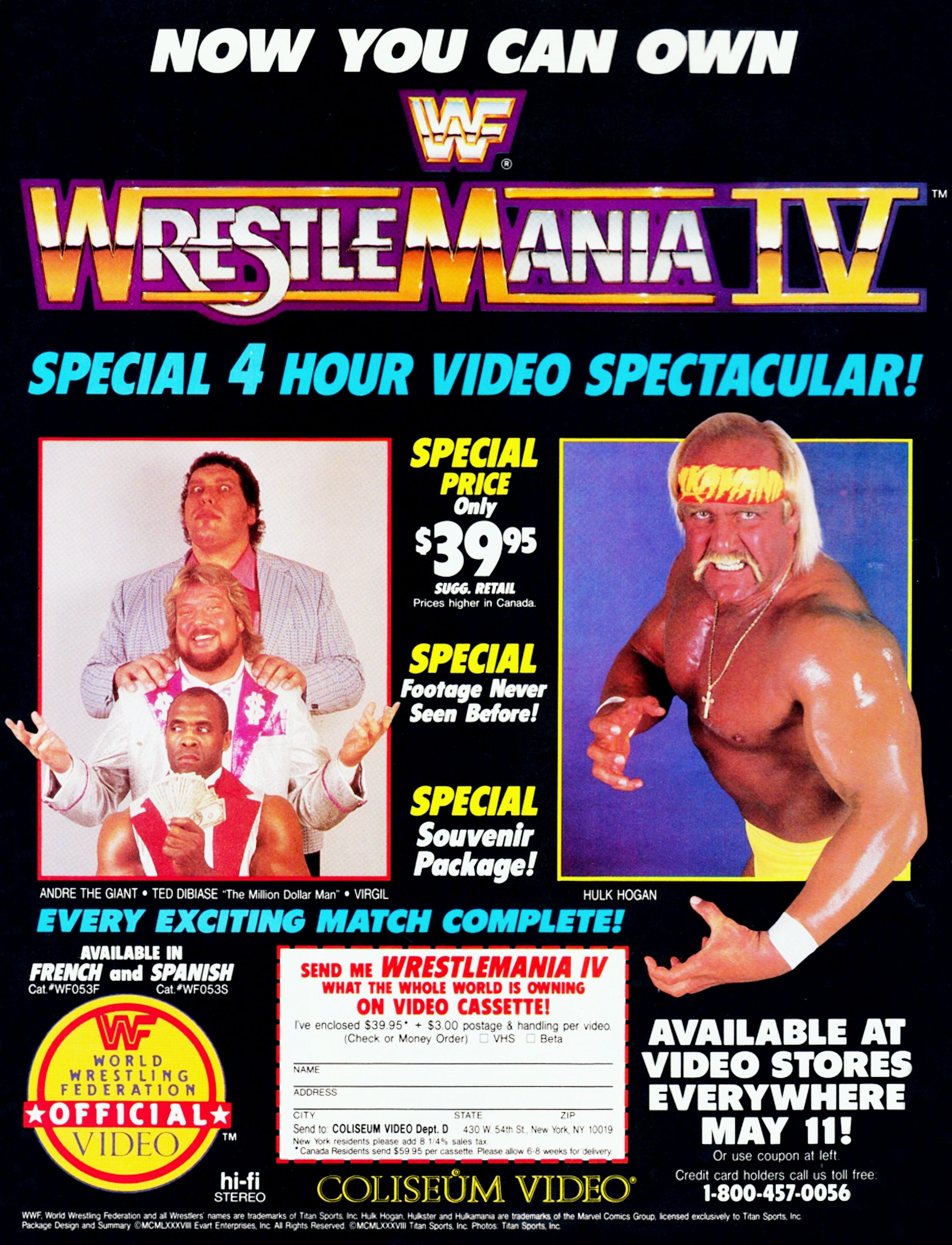 WWF Wrestling on X Now you can own WrestleMania IV on video cassette WWF WWE Wrestling HulkHogan Virgil AndreTheGiant TedDiBiase RandySavage https t JDmsHZ0Fky X