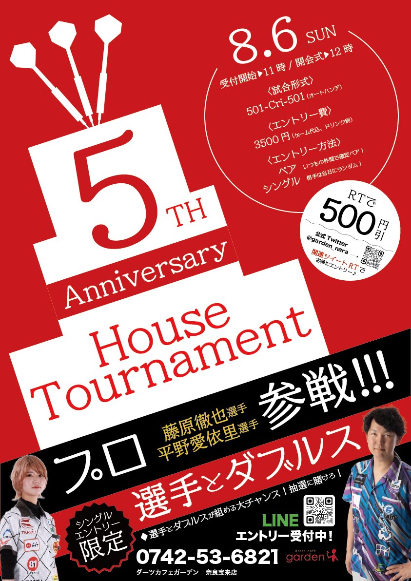 🎂garden宝来店 5周年 ハウストーナメント開催🎂

招待選手として
藤原徹也プロ <a href="/1028tetsuya_/">藤原徹也tetsuya sp2.5発売6/30</a>
平野愛依里プロ @Co2a___Darts
が「ランダムペア枠」で参戦🔥
個人でエントリーすればダブルスが組めるかも…？

さらにこちらのツイートをRTするとエントリー費が500円引き📱
ご参加お待ちしてます！