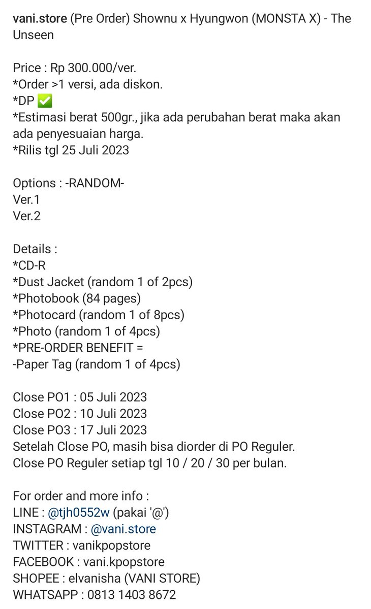 vanikpopstore's tweet photo. (Pre Order) Shownu x Hyungwon (MONSTA X) - The Unseen

💰Rp 300.000/ver.
✅️DP 100k
💕Rilis tgl 25 Juli 2023

⚠️Close PO1 : 05 Juli 2023
⚠️Close PO2 : 10 Juli 2023
⚠️Close PO3 : 17 Juli 2023
📍SBY-SDA🇮🇩

#MONSTAX #MONSTA_X #SHOWNU #HYUNGWON #THEUNSEEN #몬스타엑스 #셔누 #형원 https://t.co/SazO6DSgnI