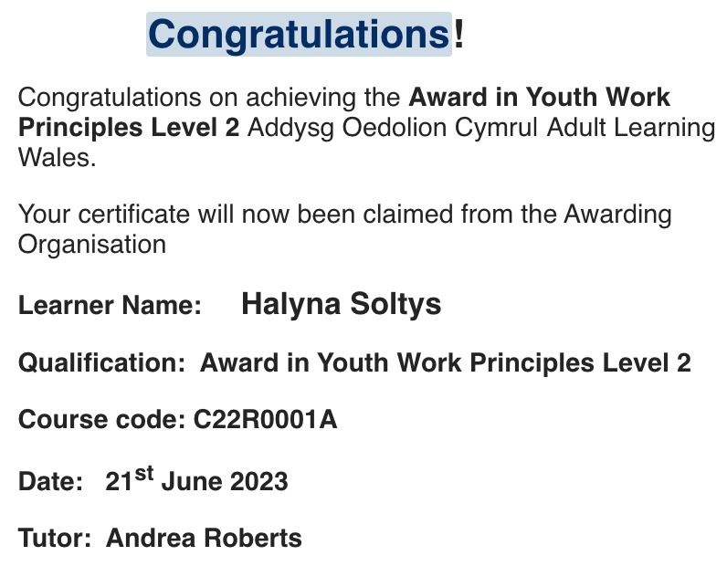 Congratulations to <a href="/HallieSoltys/">h</a> on achieving the Award in Youth Work Principles Level 2! You've put a huge amount of work into this, and it's been an intense course, so a huge congratulations from everyone at ProMo-Cymru! 👏🥳🎓 <a href="/IeuenctidCymru/">Gwaith Ieuenctid Cymru | Youth Work In Wales</a> #YouthWorkWales