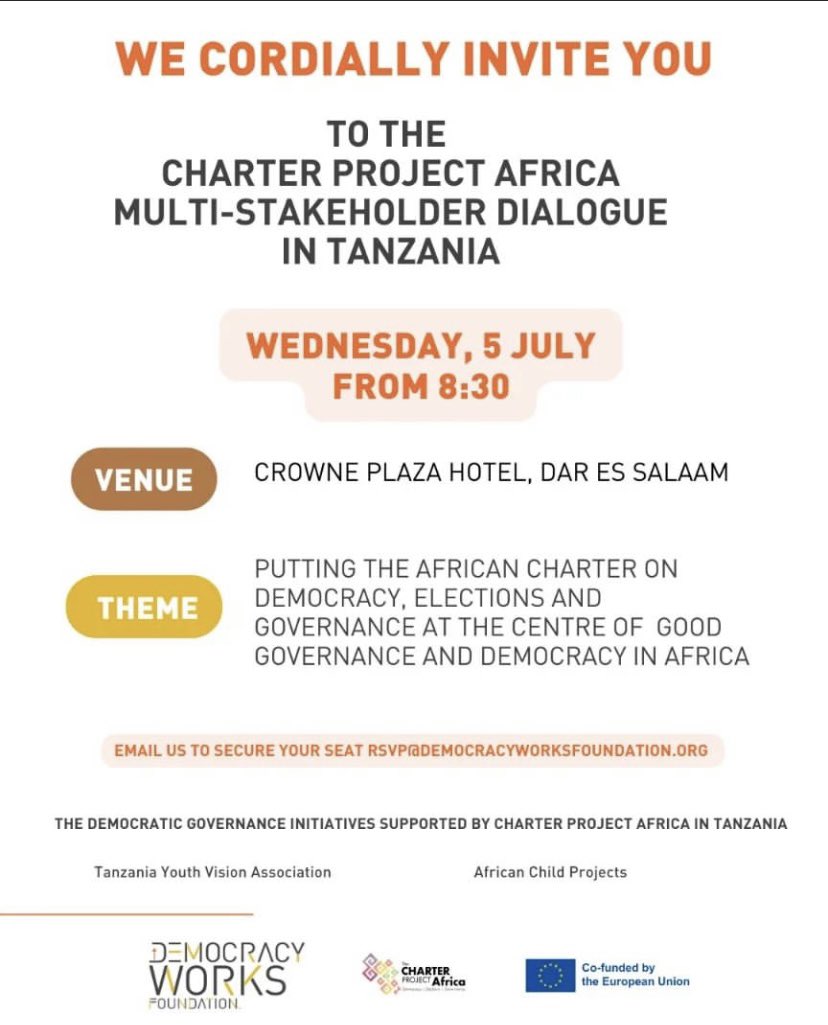 Hello Tanzania CSO Community, #charterprojectafrica national dialogue is coming to Dar es salaam this Wednesday and would love for you to joins us. Email us and secure your seat through📥rsvp@democracyworksfoundation.org
#civictech #charterprojectafrica #charterdialogue