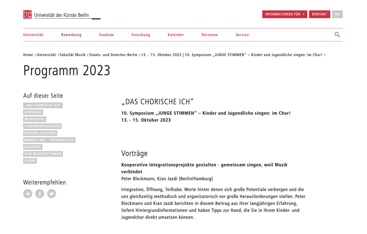 Vom 13.-15.10. findet an der UDK das 10. Symposium "Junge Stimmen" statt. Wir beteiligen uns mit einem Vortrag zum Thema "Kooperative Integrationsprojekte gestalten", zu dem wir hiermit herzlich einladen möchten. Weitere Infos auf der Webseite der UDK:   udk-berlin.de/universitaet/f…