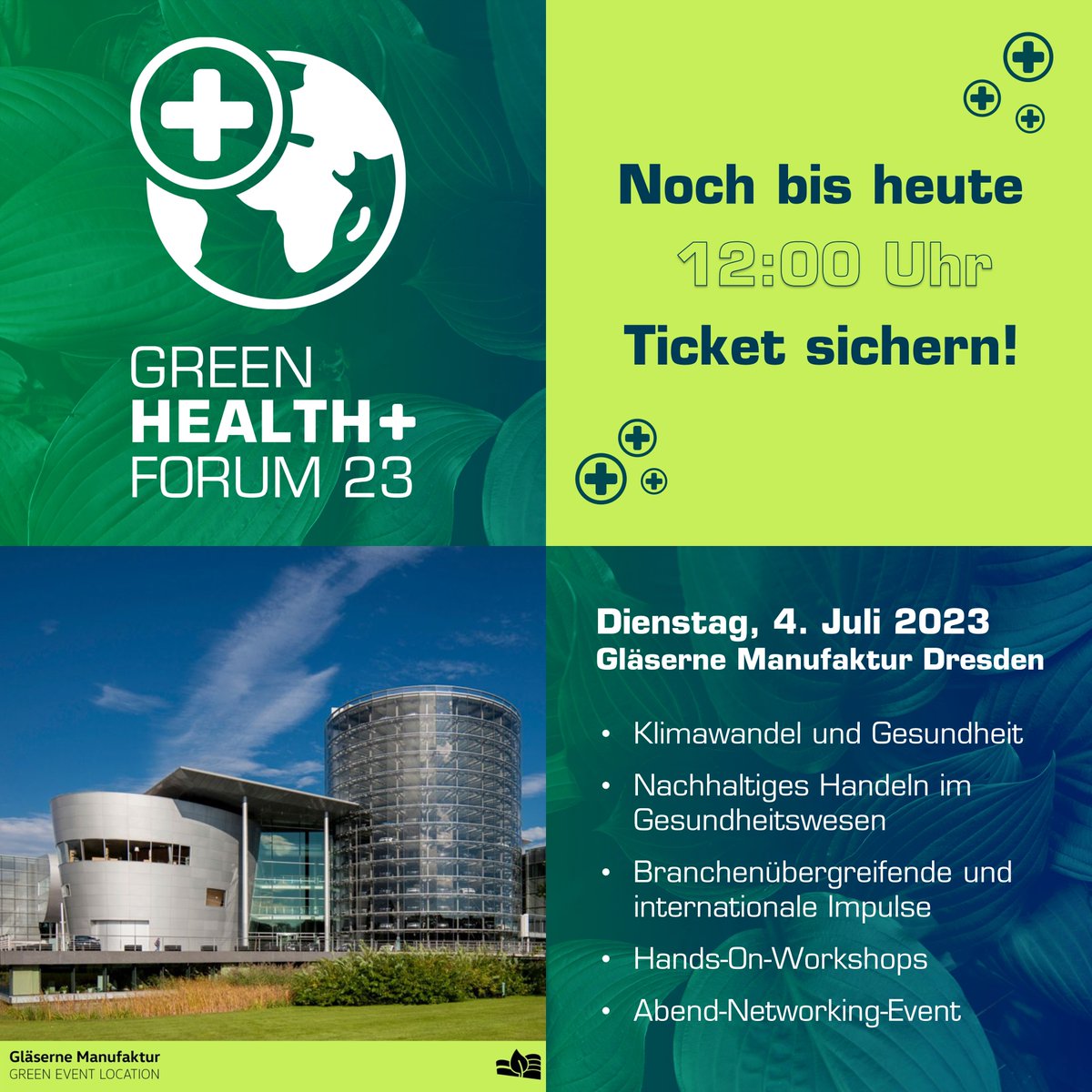 martin_blaschka's tweet photo. 📢 Letzte Chance, vor Ort in #Dresden dabei zu sein: Nur noch bis heute 12:00 Uhr läuft die Buchung von Präsenz-Tickets für das GREEN HEALTH FORUM #GHF23 am 04.07.2023. ➡️ Alle Infos und Tickets unter: https://t.co/3TpHlXreoa https://t.co/4NO3xinI9u