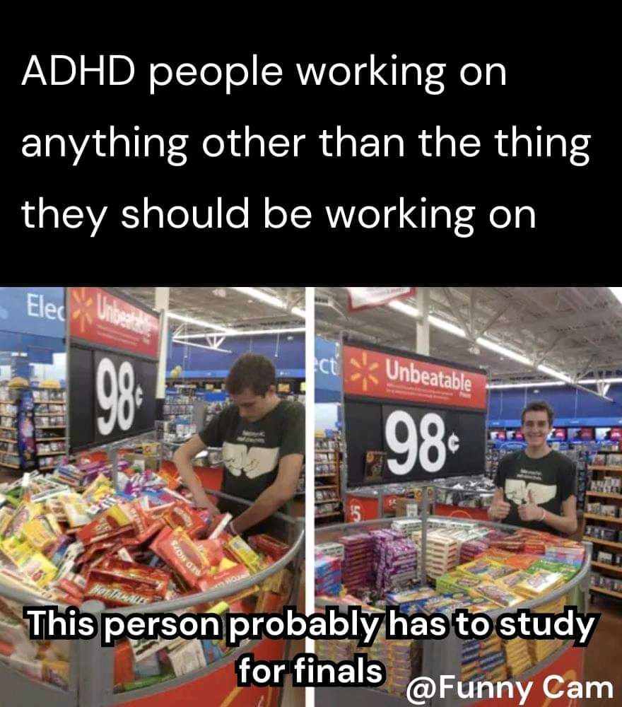 TheodoraSpoons's tweet image. Can confirm - I clean when I shouldn't, and I don't when I should.
Who else has this ADHD issue? 😅
#ADHDMemes #ADHD #ActuallyAutistic #AuDHD