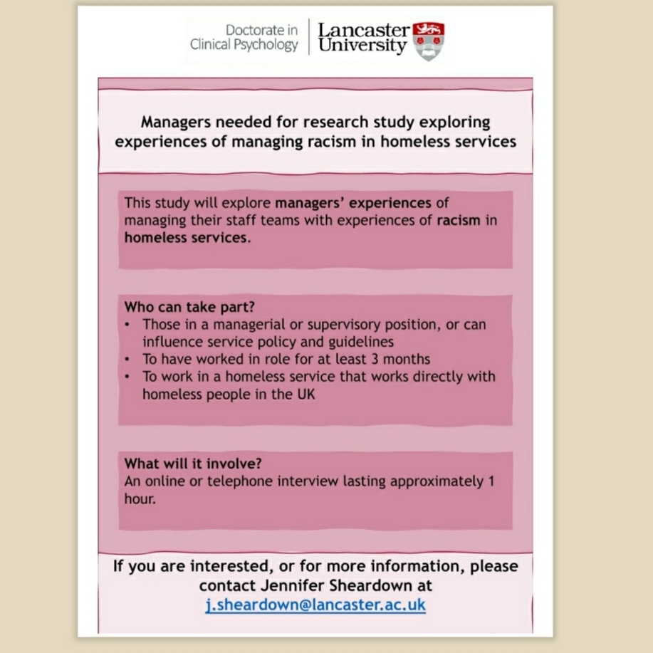 Do you manage a staff team with experience of #racism in a #homelessness charity or hostel setting ?
Can you help with #phdresearch #research 
#university 
<a href="/LancasterUni/">Lancaster University</a>