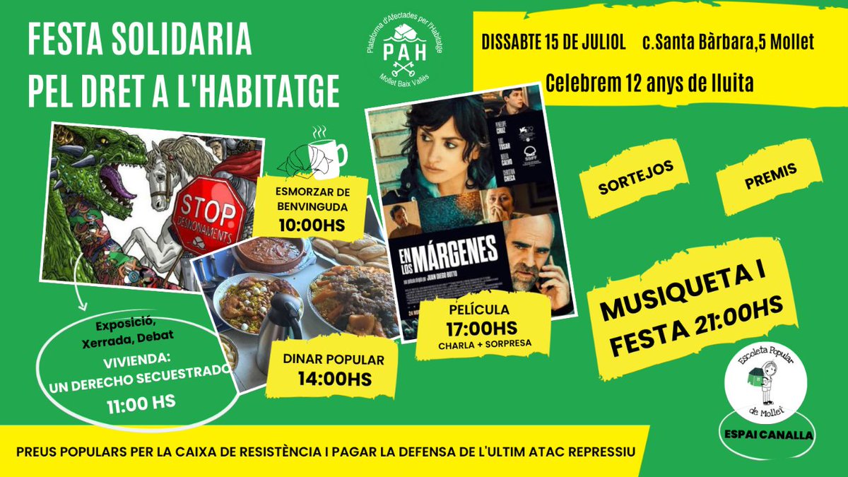 PAHMolletBV's tweet photo. @AlertaSolidaria Dissabte 15 de juliol celebrarem els nostres 12 anys de lluita en una festa per a celebrar les victòries aconseguides aquest curs i recaptar els fons per a cobrir les costes judicials que ens ha causat aquest atac sense sentit
T'hi esperem! https://t.co/QJlrqSWQdI