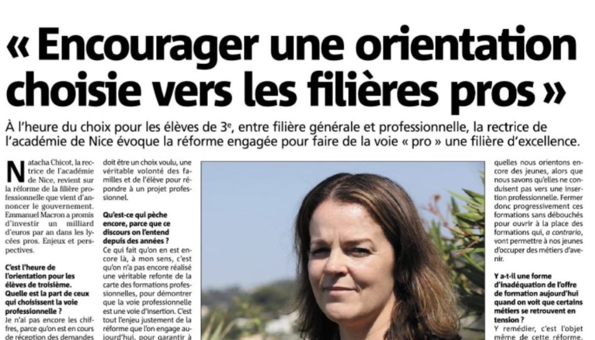 NatachaChicot's tweet photo. #VoiePro Une voie d’excellence et d’avenir pour accompagner au mieux nos élèves et leur garantir une insertion professionnelle !
👇 Retrouvez l’article de @Nice_Matin https://t.co/qO1X2Zgk8A