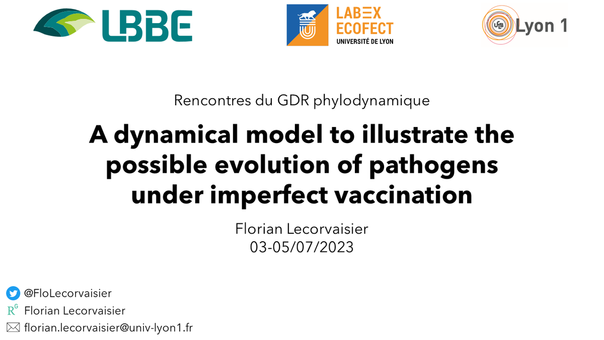 FloLecorvaisier's tweet photo. I am happy to give a talk for the meeting of the GDR #PHYLODYN today, where I will present my work on modelling the selection of avirulent strains under imperfect vaccination 💉🦠

Can't wait to listen to the other talks! https://t.co/QHCtmMtTd4