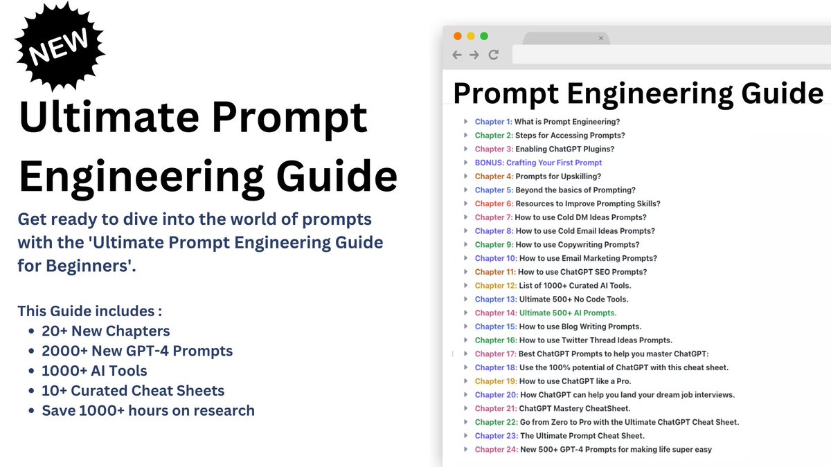 Prompt engineers can earn $335,000/year.

That's why I built Ultimate Prompt Engineering Guide for beginners:

• 20+ Chapters
• 700+ No Code &amp; AI Tools
• 1000+ GPT-4 Prompts

To get it,
• Like
• Reply "AI"
• Follow me (so that I can DM)

I'll DM you