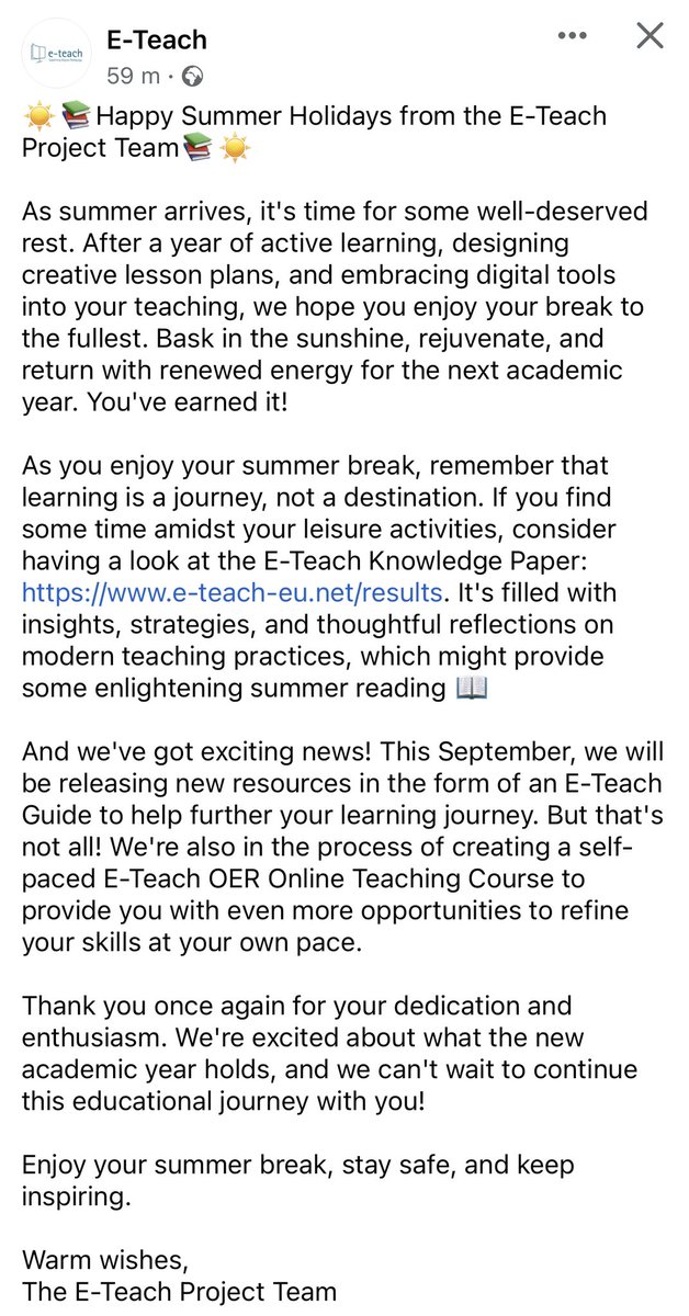 eteach_eu's tweet image. ☀️📚Happy Summer Holidays from the E-Teach Project Team📚☀️

E-Teach Knowledge Paper: e-teach-eu.net/results. It&apos;s filled with insights, strategies, and thoughtful reflections on

And we can&apos;t wait to continue this educational journey with you!

#eteach #digitalteaching
