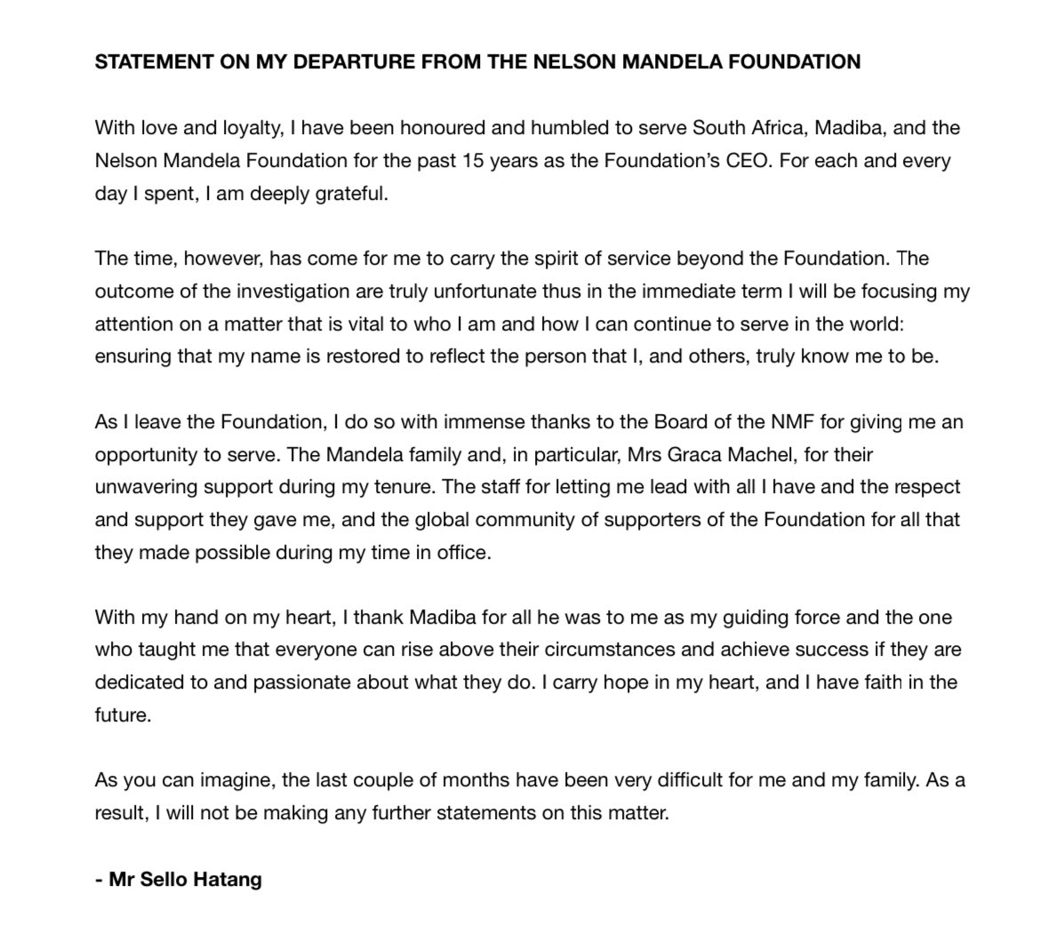 sellohatang's tweet photo. Statement on my departure from the Nelson Mandela Foundation. https://t.co/mX3QGup1mt