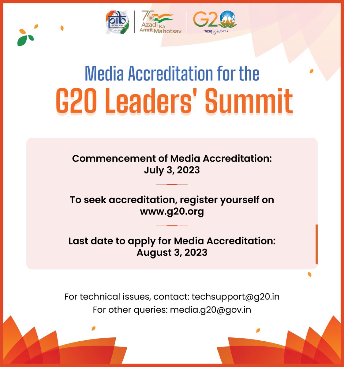 📣 #G20India Update! Media accreditation for the G20 Leaders' Summit is now open! Register yourself on g20.org Last date to apply for media accreditation: 0⃣3⃣ August 2023 #G20 @g20org