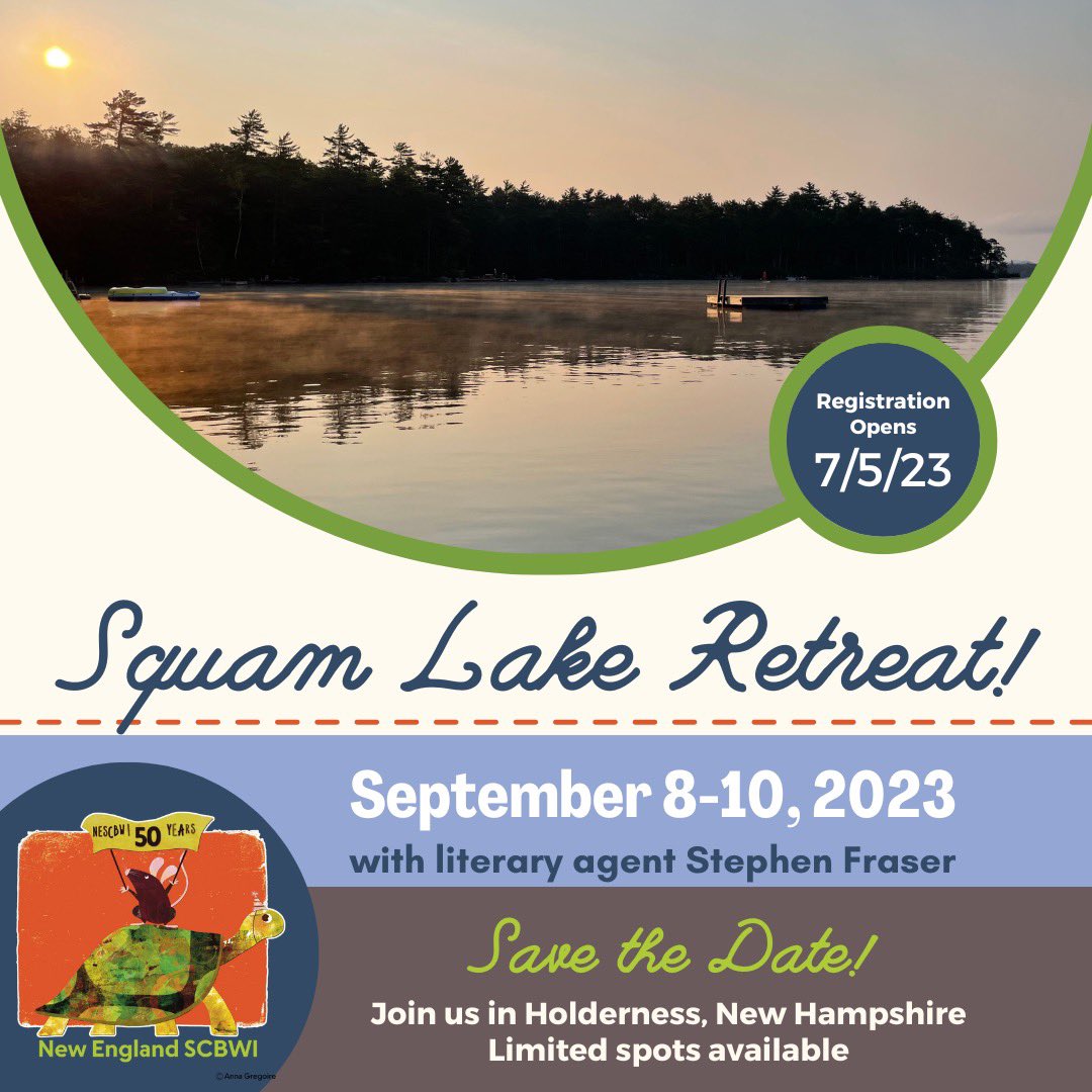 Save the date! Our #nescbwi Squam Lake Retreat is happening September 8-10, 2023! Registration will open July 5. Limited spaces available for this intimate, rustic, and utterly charming creative retreat! It’s as peaceful as it looks!