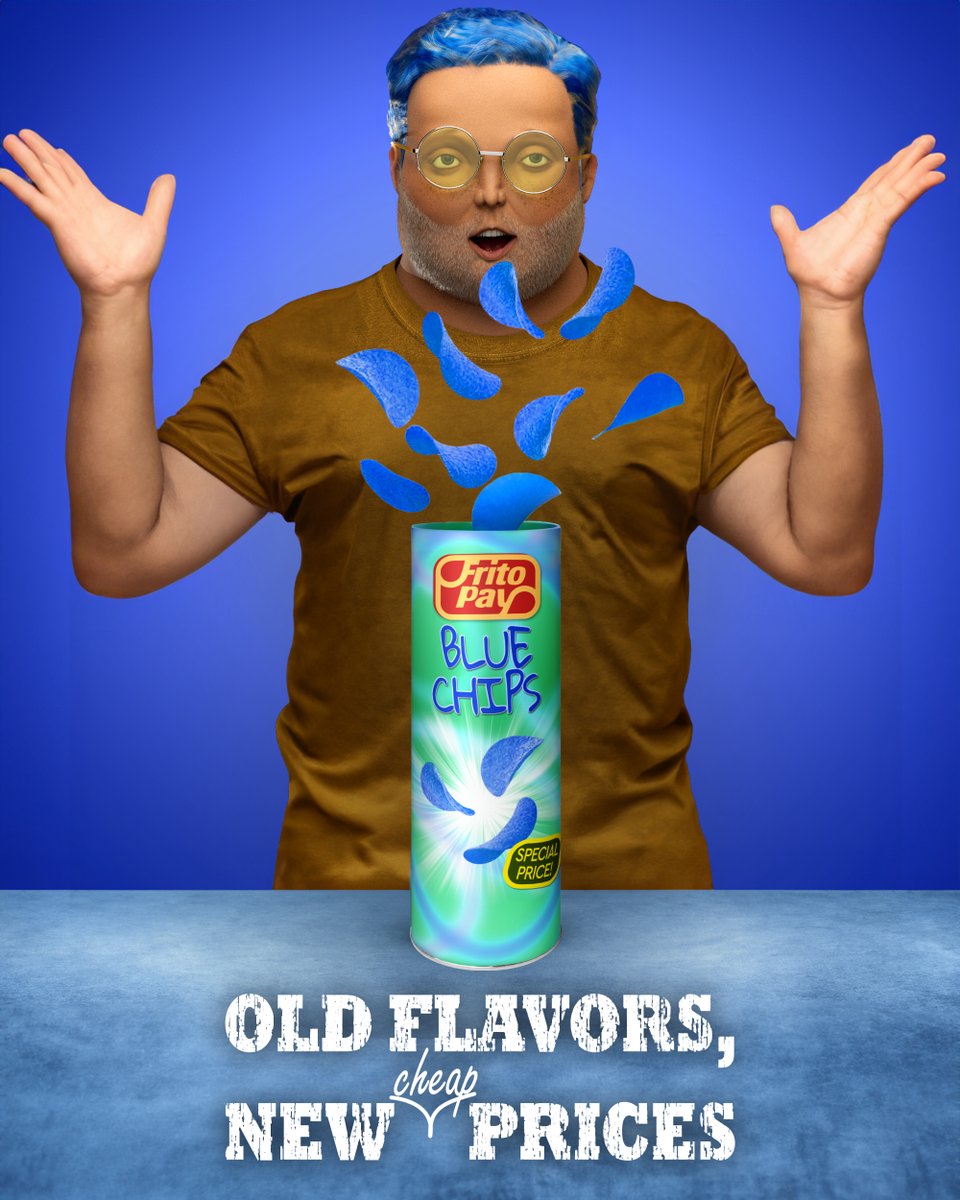 regulars_'s tweet photo. Remember the hype surrounding those silly blue-colored chips from two years ago? Well, it appears that Frito Pay™ couldn't sell off their entire stock, so they're dropping the price on these cheap chips!
https://t.co/D5NrczDCOa
#RegularsNFT #RegularAds https://t.co/K7BB0BGjcF