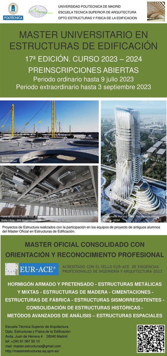 estructurasUPM's tweet photo. curso 2023/2024 

-INSCRIPCIONES ABIERTAS-

Las imágenes del cartel son de proyectos en los que han participado nuestros egresados a través de las empresas que colaboran con nosotros:

@IdomGroup
@BrydenWood 
@Holedeck 

Alta inserción laboral en empresas. https://t.co/gMesiFDtxB