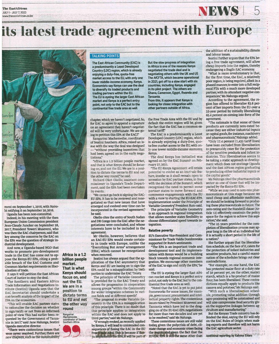 SEATINIUGANDA's tweet photo. 📢 From our recent virtual press conference Our Executive Director, Ms. Jane Nalunga, was quoted in @The_EastAfrican! from a press conference we held on the Kenya-EU Economic Partnership. 
Read our full statement here: https://t.co/WpENDIRNMz 
#StopKenyaEUEPA #StopEPAs https://t.co/hElT6IGfqo