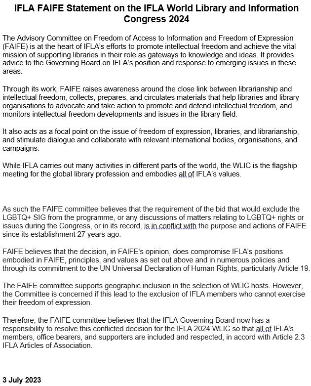 IFLA FAIFE Statement on the IFLA World Library and Information Congress 2024