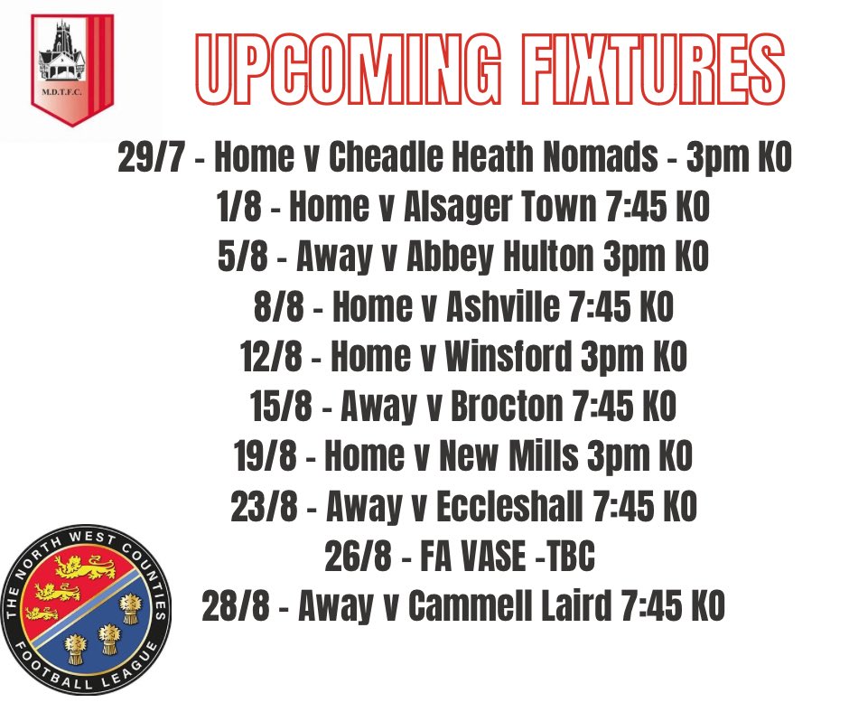 MDTFC's tweet image. Our First Teams July &amp;amp; August Fixtures ⬇️⬇️