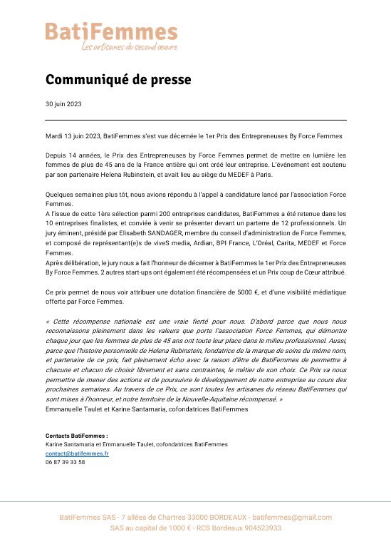BatiFemmes, 1er Prix des Entrepreneuses By <a href="/ForceFemmes/">Force Femmes</a> 
Notre #communiquédepresse ici ⬇️