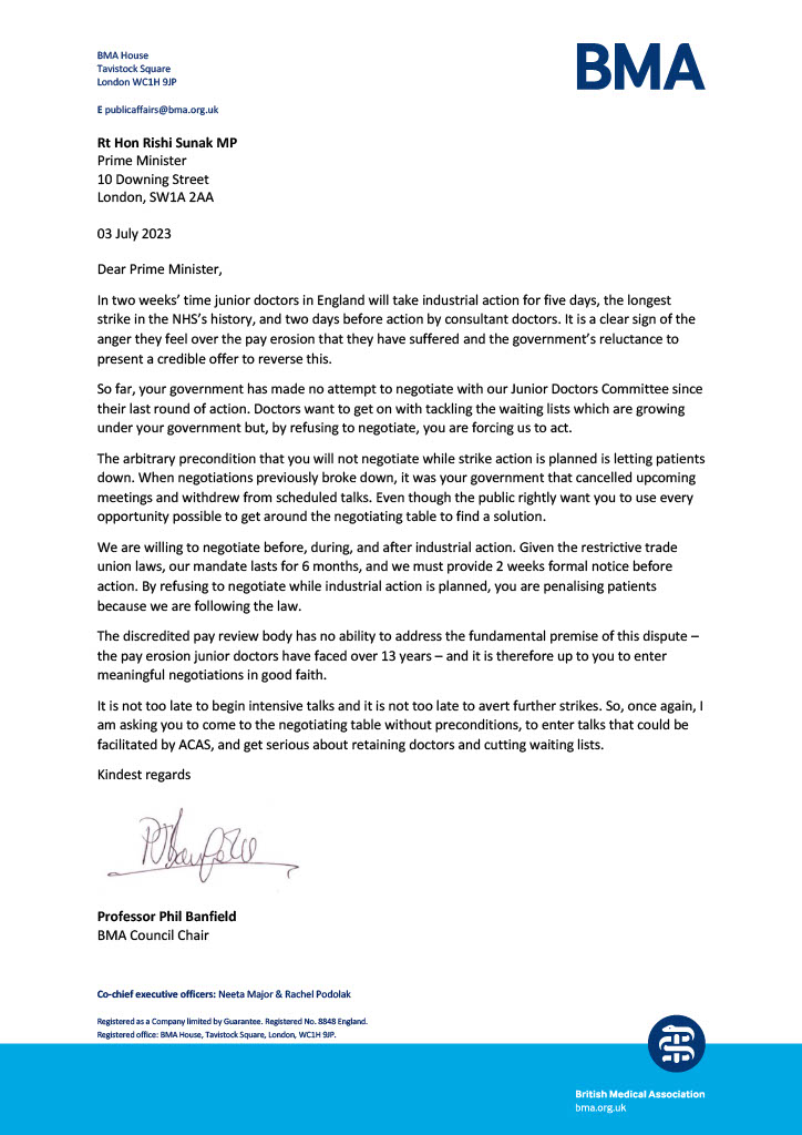 The BMA (@thebma) on Twitter photo We've written to the PM asking him to enter into intensive talks about junior doctors #PayRestoration, and to engage with ACAS. #ARM2023
Read the letter from <a href="/DrPhilBanfield/">Philip Banfield 💙</a> here 👇 We've written to the PM asking him to enter into intensive talks about junior doctors #PayRestoration, and to engage with ACAS. #ARM2023
Read the letter from <a href="/DrPhilBanfield/">Philip Banfield 💙</a> here 👇