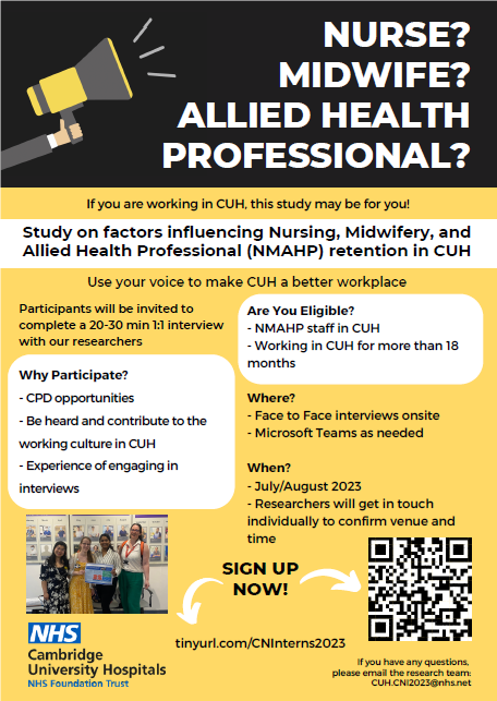 #CUHChiefnurseinternship 
Say Something. Be Heard! 
We are undertaking an exciting project regarding the NMAHPs' staff retention within CUH.
This is a great opportunity to engage in a dialogue, express your unique viewpoints and make #CUH even better workplace.
🙏🏼