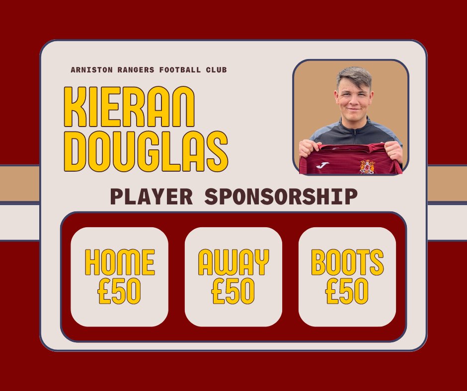 PLAYER SPONSORSHIP
2023/2024

Kieran Douglas' home kit, away kit &amp; boots are available to sponsor for the upcoming season, £50 each.