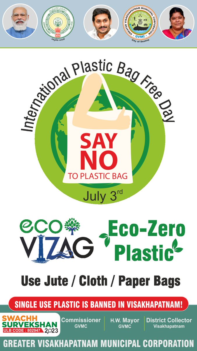 GVMC_VISAKHA's tweet photo. Let's start using eco-friendly substitutes like jute or cotton bags on this International Plastic Bag Free Day to lessen plastic pollution.

#SwachhSurvekshan2023 
#SwachhSurvekshan2023Visakhapatnam 
#VisakhaSwachhSankalpam 
#VizagSaysNotoPlastic 
#EcoVizag 
#ISupportEcoVizag 
#InternationalPlasticBagFreeDay 
#RRR4LIFE 
#IndiaVsGarbage 
#ChooseLiFE 
@AndhraPradeshCM 
@AudimulapSuresh 
@GHVKumariMayor 
@CDMA_Municipal 
@SwachhBharatGov 
@SwachhaAndhra 
@SwachSurvekshan 
@swachhbharat 
@MoHUA_India 
@AmritMahotsav 
 @pibvijayawada