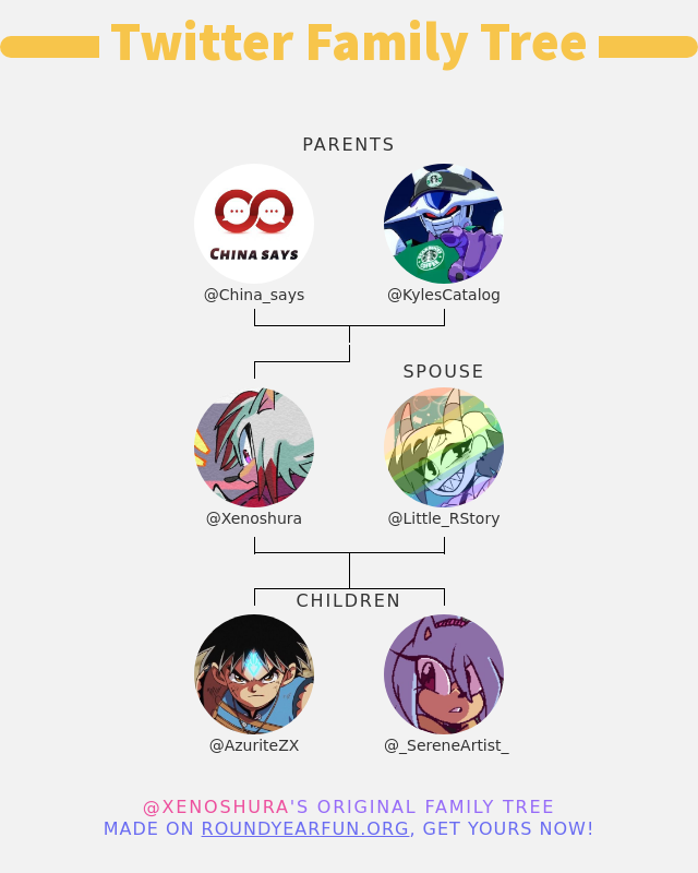 👨‍👩‍👧‍👦 My Twitter Family:
👫 Parents: <a href="/China_says/">China Says</a> <a href="/KylesCatalog/">Kybbler</a>
👰 Spouse: <a href="/Little_RStory/">☁️ LilRain ☁️COMMISSIONS on KOFI☁️</a>
👶 Children: @AzuriteZX @_SereneArtist_

➡️ funtwitter.games/twitterfamily?…