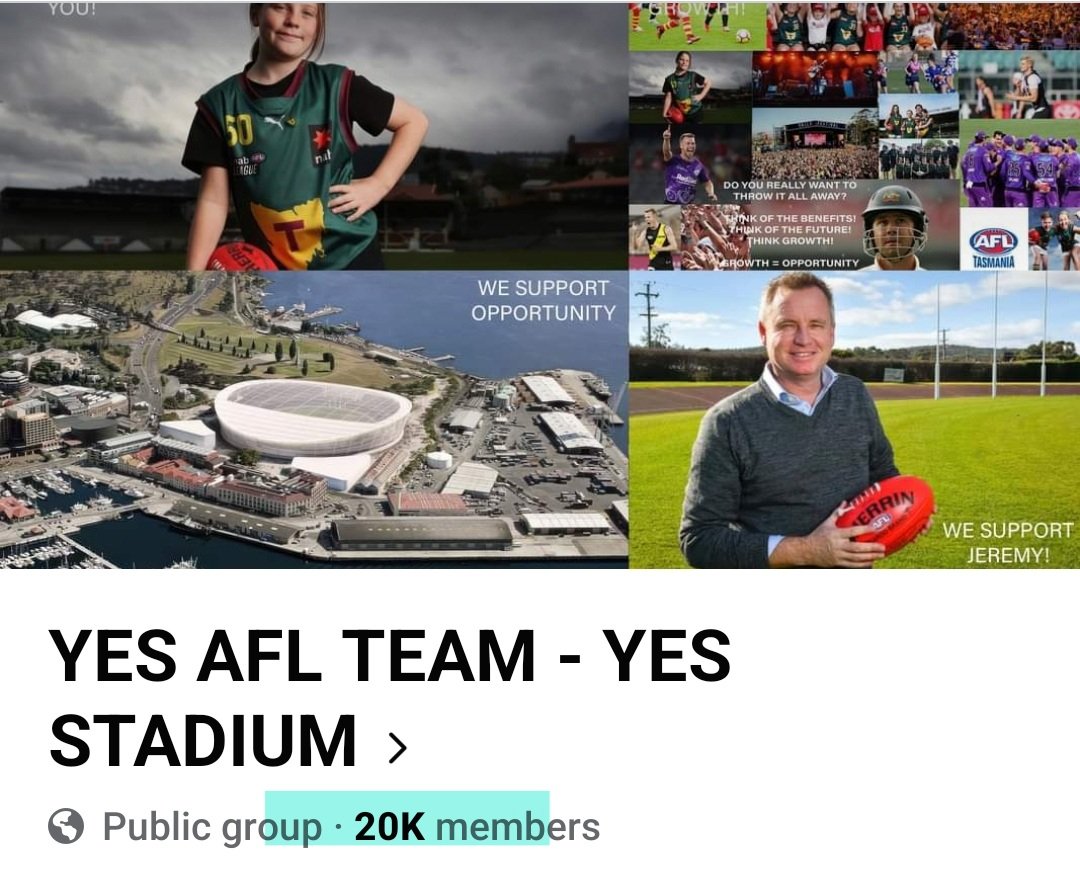 Shutty_05's tweet photo. 20,000 members in a supportive Facebook group, that is an impressive movement in a couple months #yesstadium @AFL @AFLTasmania https://t.co/YtQcXNEt1J