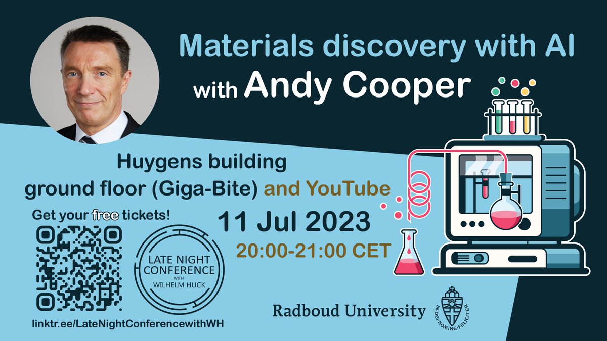 Huckgroup's tweet photo. We're very excited to announce our next - and the last - speaker at Late Night Conference with Wilhelm Huck Season 3 - Prof. Andy Cooper @aicooper from @LivUni! On 11 July at 20.00 CET Andy will tell us about Materials discovery with AI!🤖
FREE🎫/YouTube: https://t.co/TZkqJ9ZKRp https://t.co/cx0kQDj3u3