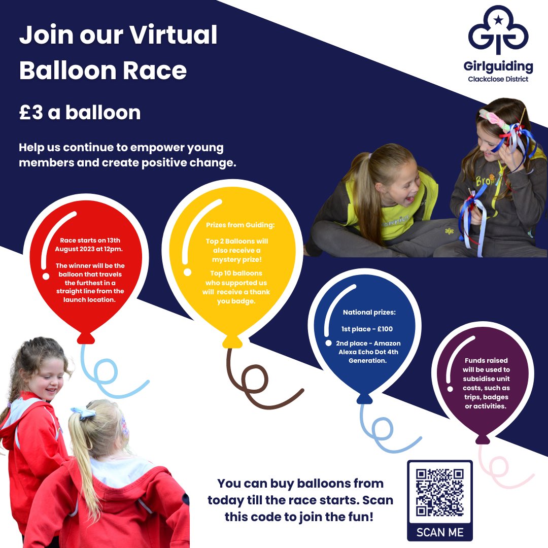 1/2 Join our Virtual Balloon Race fundraiser to support Downham Market, Clackclose District Girlguiding units. Funds raised will be used to subsidise unit costs, this could be for trips, badges or activities continuing our aim of making it accessible and affordable for all.