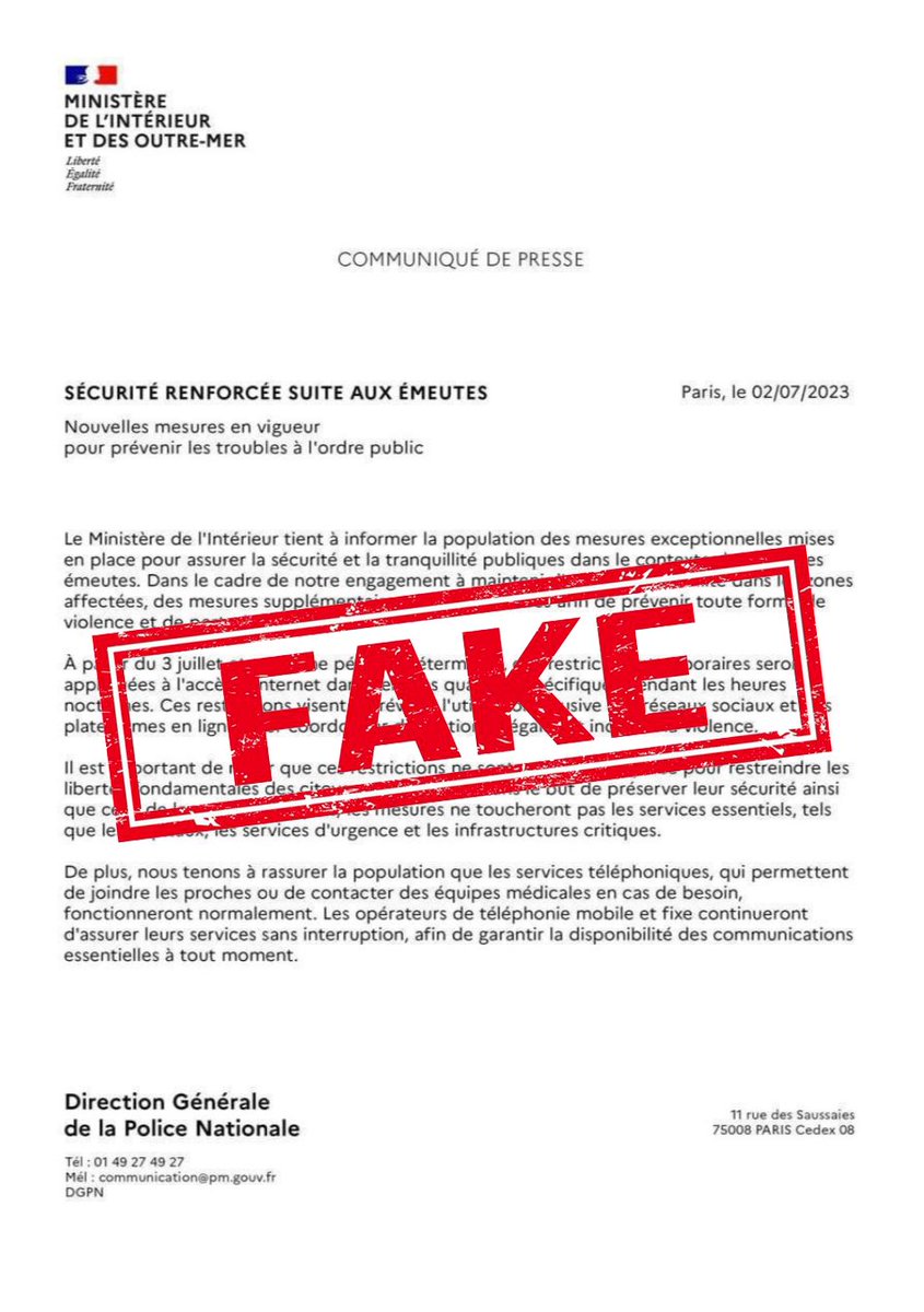 #العنف الحضري | نحذركم من #الأخبار المزيفة التي تنتشر.

📃 ومنها بيان صحفي صادر عن الشرطة الوطنية <a href="/PoliceNationale/">Police nationale</a>  يعلن عن فرض قيود مؤقتة على الاتصال بالإنترنت في بعض الأحياء.

❌لم يتخذ أي قرار في هذا الشأن والوثيقة المنتشرة مزيفة.