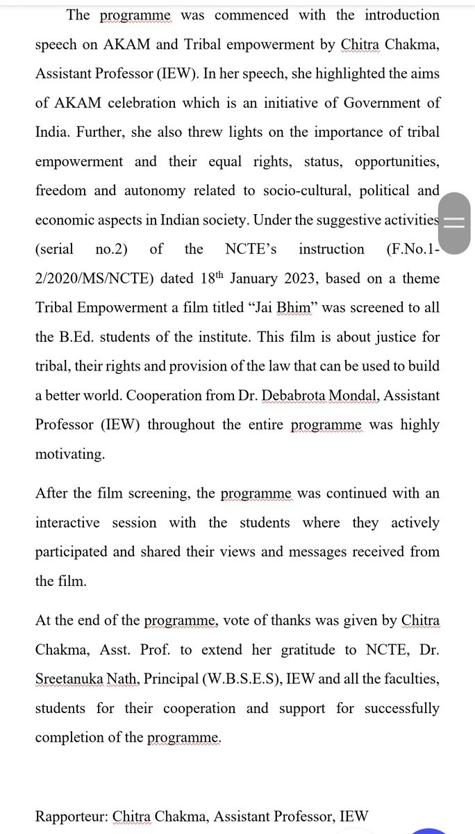 InstituteW90352's tweet photo. AKAM: January - August 2023 / for Teacher Education Institutions (TEIs).
Theme: Tribal Empowerment ( Activity: Film screening on 'Tribal Empowerment'- Film name (Jai Bhim), organized by INSTITUTE OF EDUCATION (POST GRADUATE) FOR WOMEN, CHANDERNAGORE @ncteDelhi @AmritMahotsav https://t.co/i68GYYcGKc